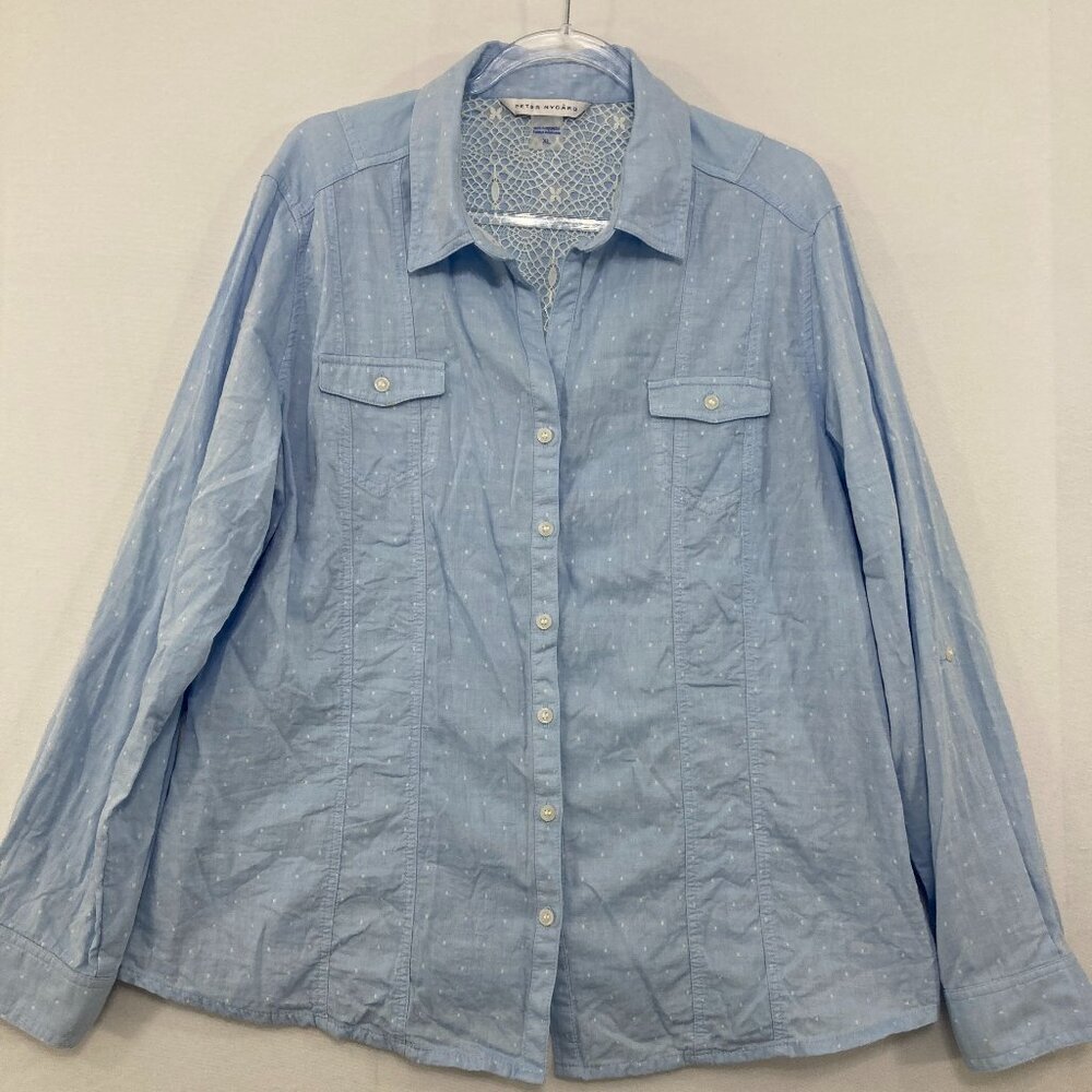 Peter Nygard size XL Light Blue Polka Dot Long Sleeve Cotton Button Up Preppy